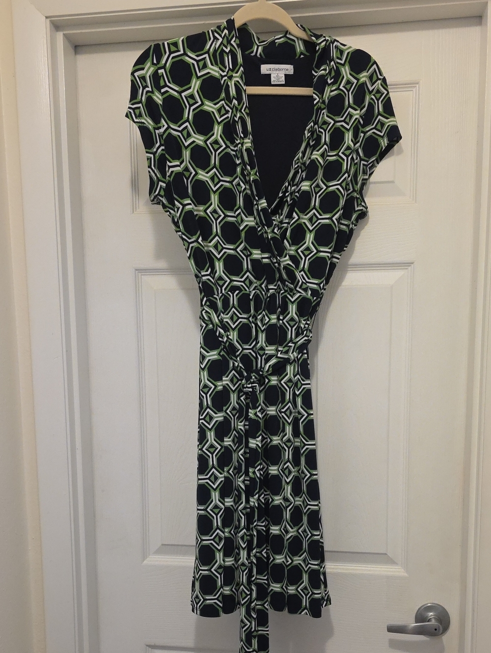Liz Claiborne Navy and Green Geometric Wrap Dress